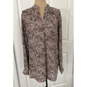 LOFT Floral Semi Sheer V-Neck Popover Long Sleeve Relaxed Fit Top Beige Size XS